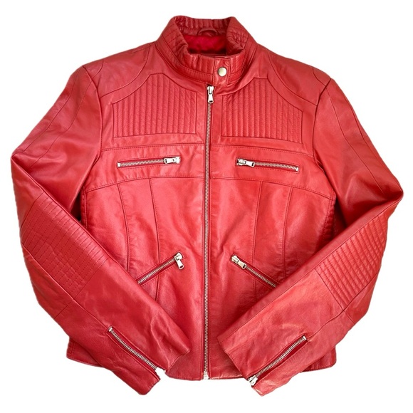 Red Leather Moto Jacket, Oscar Leopold, Quilted Lining, Women’s Sz Large - Picture 8 of 8